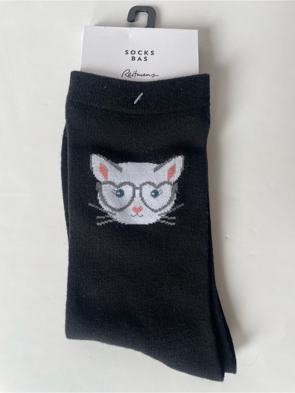 Reitmans Black Crew Socks with Cream Cat Face and Glasses - Picture 2 of 6